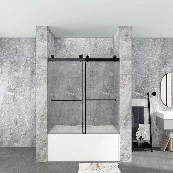 JimsMaison 60 in. W x 65 in. H Sliding Frameless Tub Door in Matte Black with Tempered Clear Glass