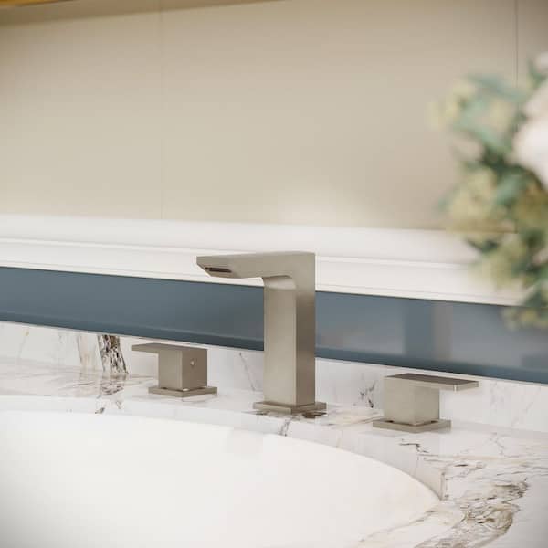 Waterfall 3-Hole Mid-Arc 8 in. Widespread Double Handle Bathroom Sink Faucet in Brushed Nickel with Pop-Up Drain
