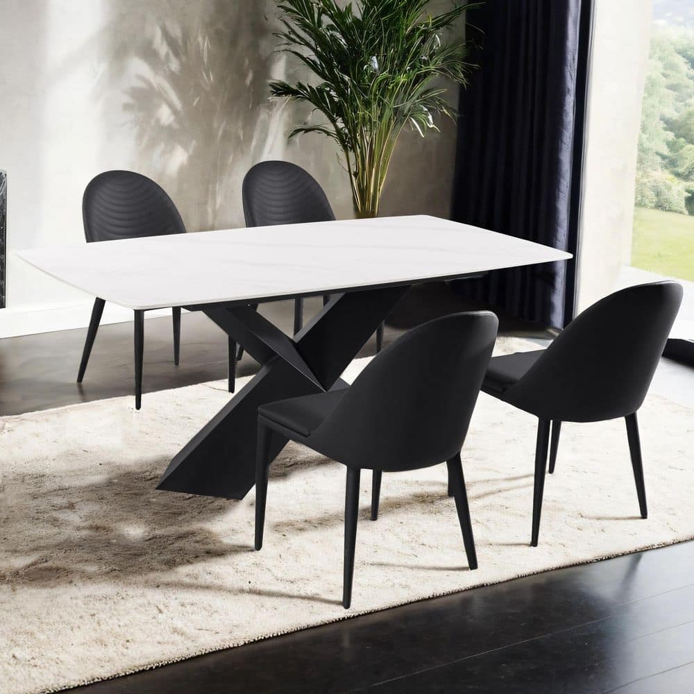 Xanthe 5-Piece Rectangular Black and White Ceramic Top Dining Room Set with X-Shaped Pedestal Base (Seats-4)