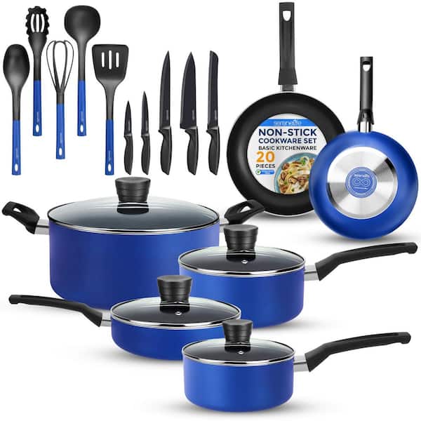 20-Piece Blue Stainless Steel Cookware and Knives Set, Nonstick Pots and Pans with Lids and Utensils, Heat Resistant