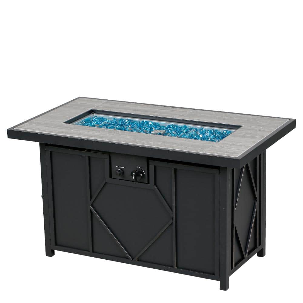 Rectangular Black Steel and Tile Propane Fire Pit Table