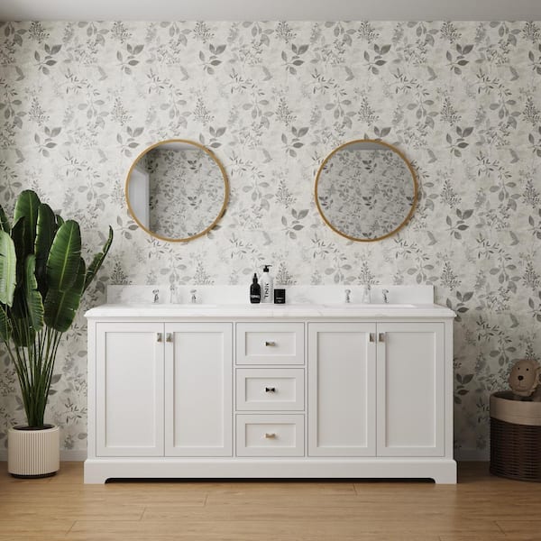 Xspracer Moray 72 in. W x 22 in. D x 40 in. H Freestanding Double Sinks Bath Vanity in White with White Marble Countertop
