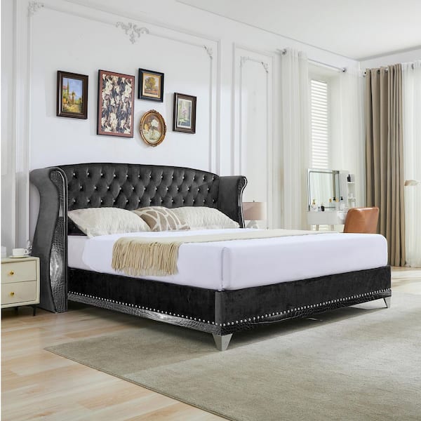 Lara Black Velvet Upholstered Wood Frame King Size Platform Bed with Tufted Wingback Headboard, Nailhead Trim