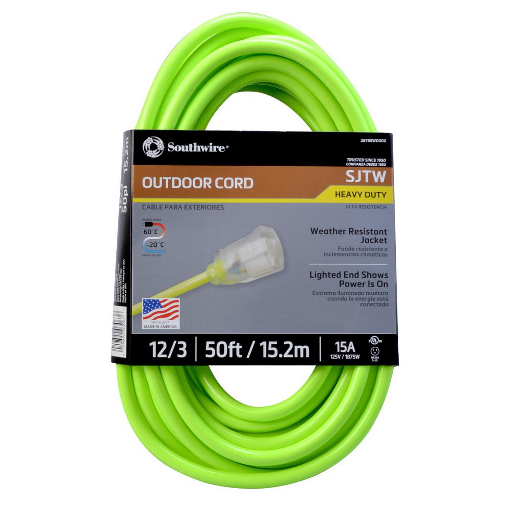 Southwire 50 ft. 12/3 SJTW Outdoor Heavy-Duty Neon Green Extension
