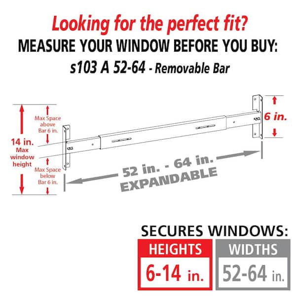 Removable 52 in. to 64 in. Adjustable Width 1-Bar Window Guard - White