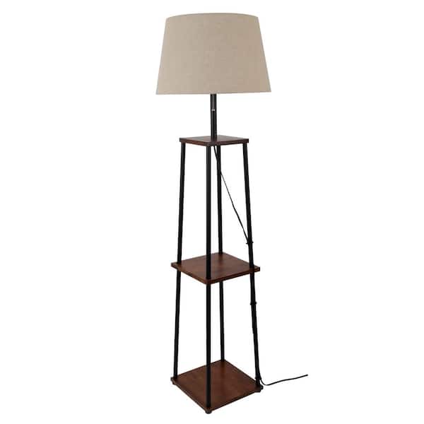 Wood Tone Metal Floor Lamp With, Black Metal Floor Lamp With Shelves