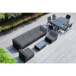 Ohana Black 14-Piece Wicker Patio Conversation Set with Stackable Dining Chairs and Supercrylic Gray Cushions