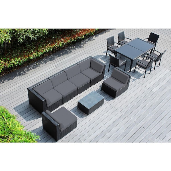 Ohana Depot Ohana Black 14-Piece Wicker Patio Conversation Set with Stackable Dining Chairs and Supercrylic Gray Cushions