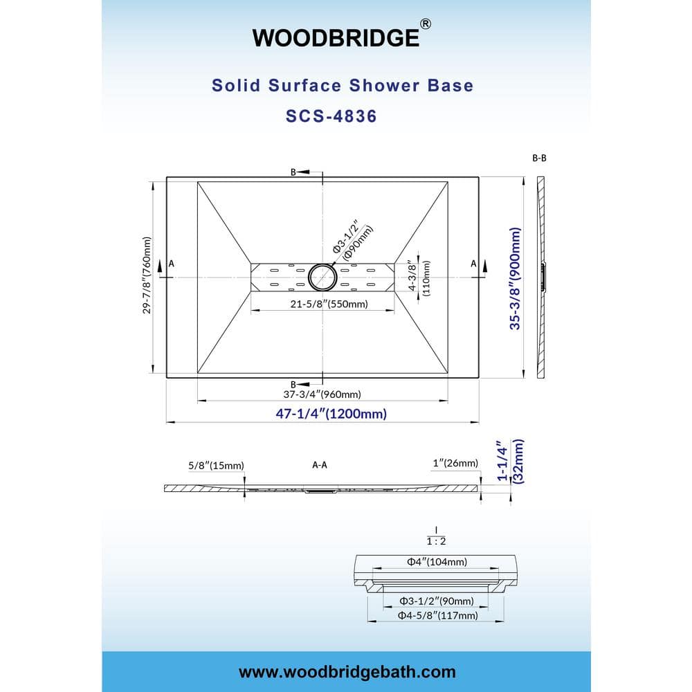 White Low-Profile Rectangular Shower Base with Center Drain
