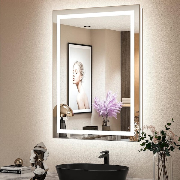 KIOTEE 24 in. W x 32 in. H Rectangular Frameless Front & Back Lighted Anti-Fog Wall Bathroom Vanity Mirror, Tempered Glass, ETL