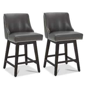 Martin 26 in. Retro Gray High Back Solid Wood Frame Swivel Counter Height Bar Stool with Faux Leather Seat(Set of 2)