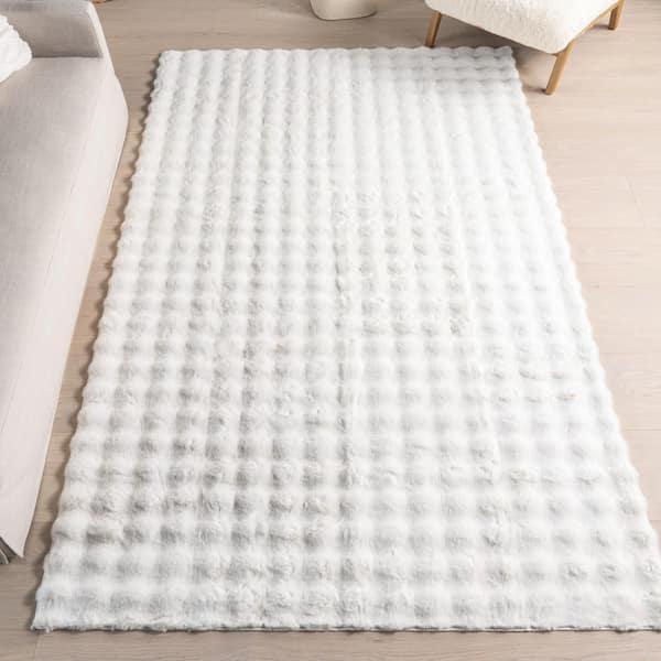Jeni Solid Faux Rabbit Machine Washable Area Rug Off White 5' ft. x 7' 6" ft. Area Rug