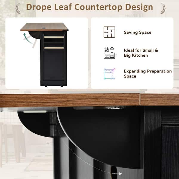tunuo Kitchen Island Black Wood 53.75 in. W Kitchen Island
