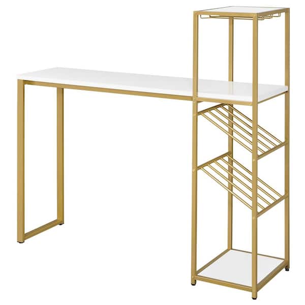 Furniture of America Lukup 58.75 in. H x 59 in. L x 16.88 in. W High Gloss White and Gold Coating 2-Shelf Metal Bar Table