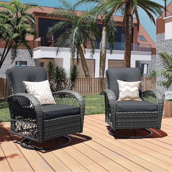 2-Piece Gray Wicker 360° Swivel Outdoor Rocking Chair with Dark Gray Cushion