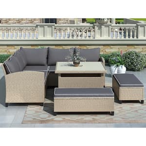 Brown 6-Piece Wicker Patio Conversation Sectional Seating Set with Gray Cushions, Table Benches Backyard Garden Poolside