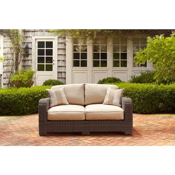 Brown Jordan Northshore Patio Loveseat with Harvest Cushions and Regency Wren Throw Pillows -- STOCK