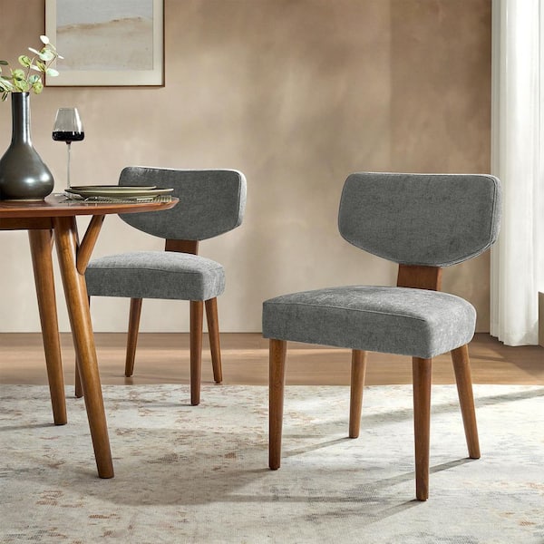Lydia Grey Polyester Dining Chair with Solid Wood Legs and Curved Backrest