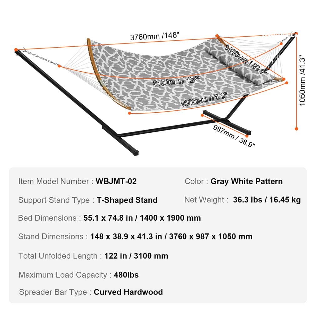 Gray Double Quilted Fabric Hammock with Stand and Pillow