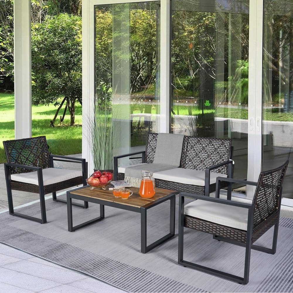 4-Piece Wicker Patio Furniture Set with Acacia Wood Table Top and Beige Cus