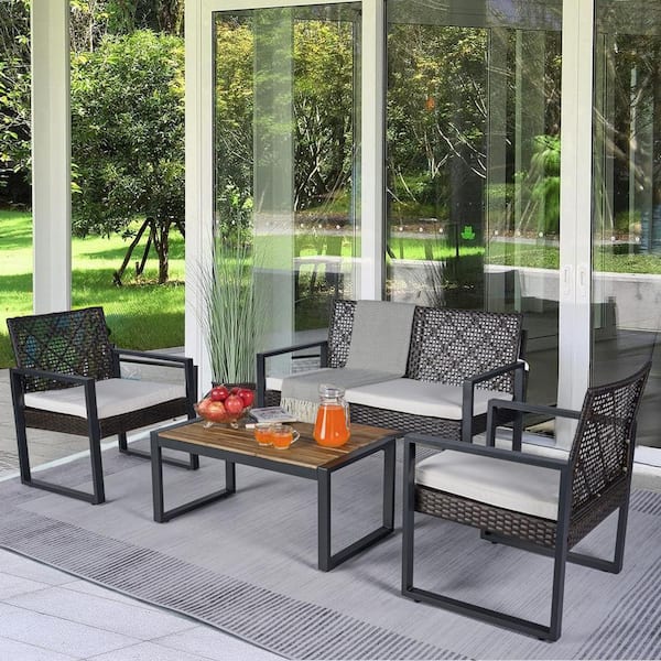 Unbranded 4-Piece Wicker Patio Furniture Set with Acacia Wood Table Top and Beige Cushions - Ideal for Balcony, Garden, Backyard
