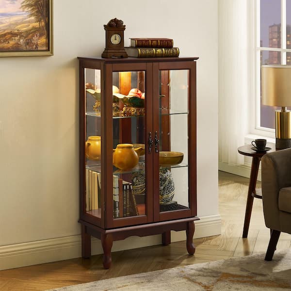 Walnut 3 Tier Curio Diapaly Cabinet with Adjustable Shelves and Mirrored Back Panel, light bulb not included