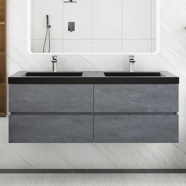 Boosicavelly 60 in. W x 20 in. D x 22 in. H Double Sink Floating Bath Vanity in Cement Grey with Matte Black Quartz Sand Top