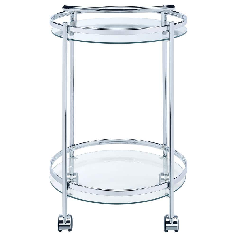 Modern Glam Silver Chrome Round Bar Cart with Tempered Glass Shelves