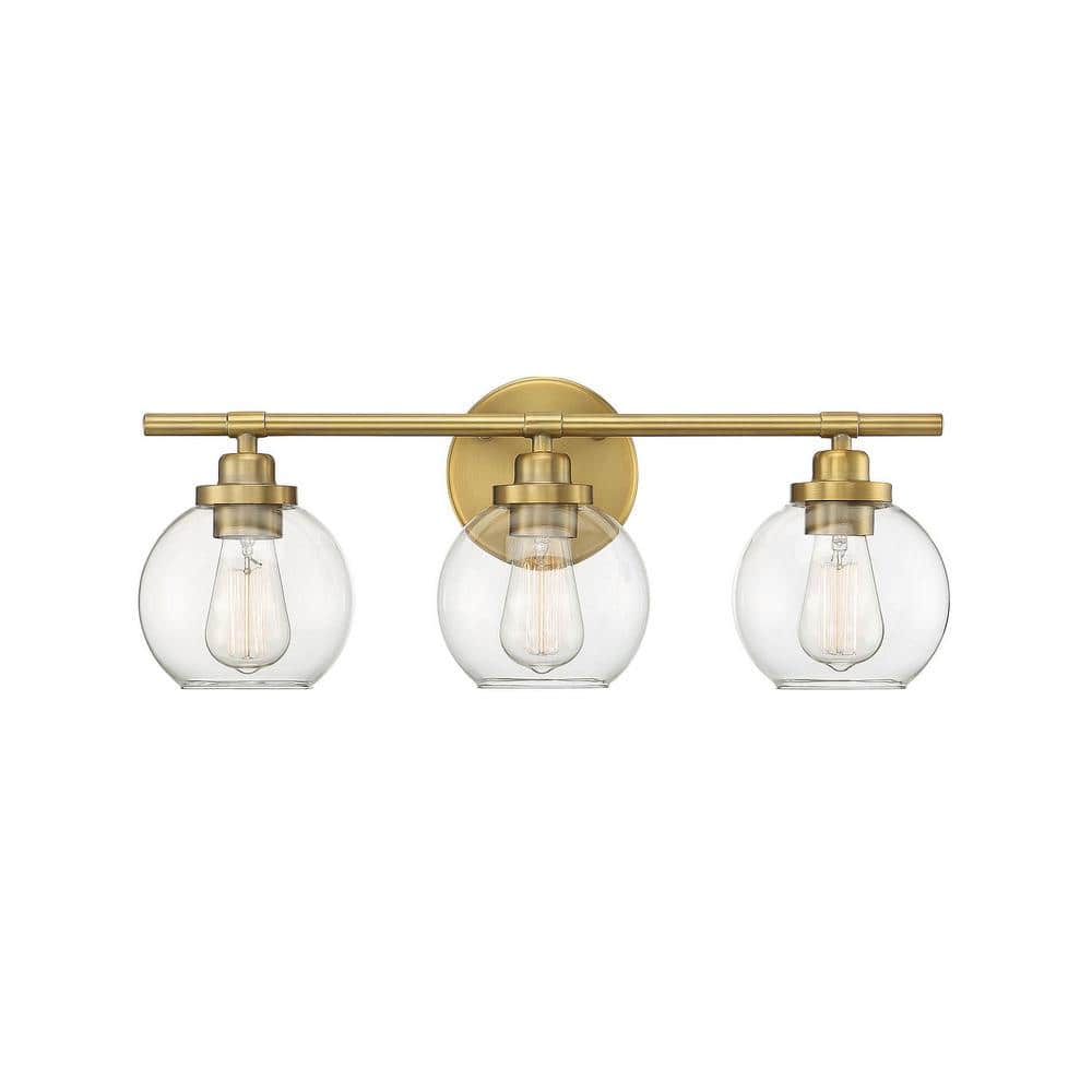 Mid-Century Modern Warm Brass 3-Light Vanity Bar with Clear Glass Shades