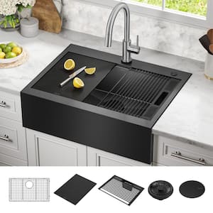 Rivet 16 Gauge Black Stainless Steel 30 in Single Bowl Farmhouse Apron Workstation Kitchen Sink in PVD Gunmetal Finish