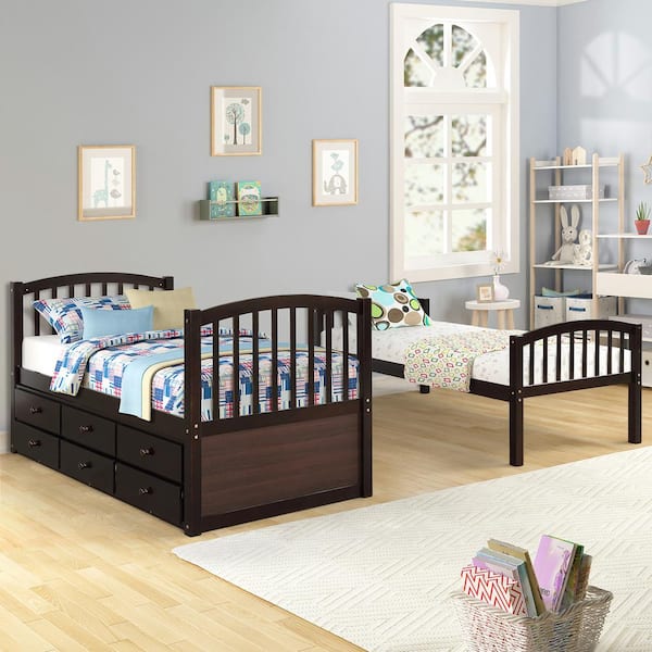 Espresso Twin Over Twin Bunk Bed with Trundle and Three Drawers, Wood Kid Bunk Bed Frame with Safety Rail and Ladder