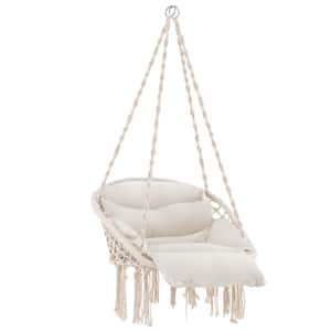 2.2 ft Macrame Hammock Chair with Oversized Padded Cushion Hand-woven Knots and Tassels in Beige