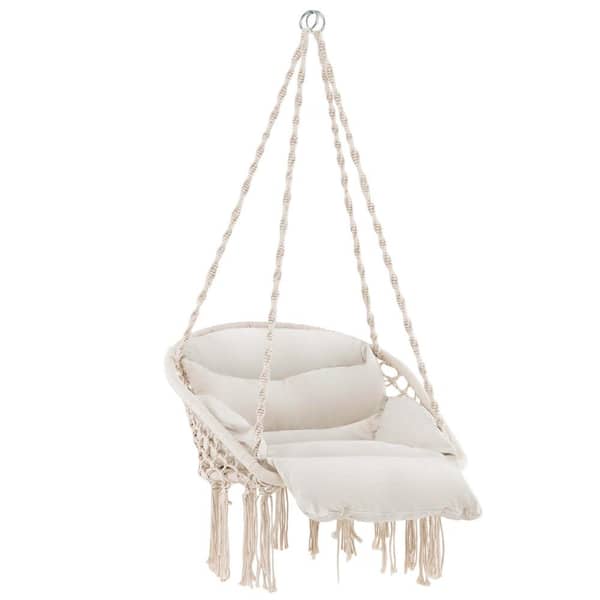 Costway 2.2 ft Macrame Hammock Chair with Oversized Padded Cushion Hand-woven Knots and Tassels in Beige