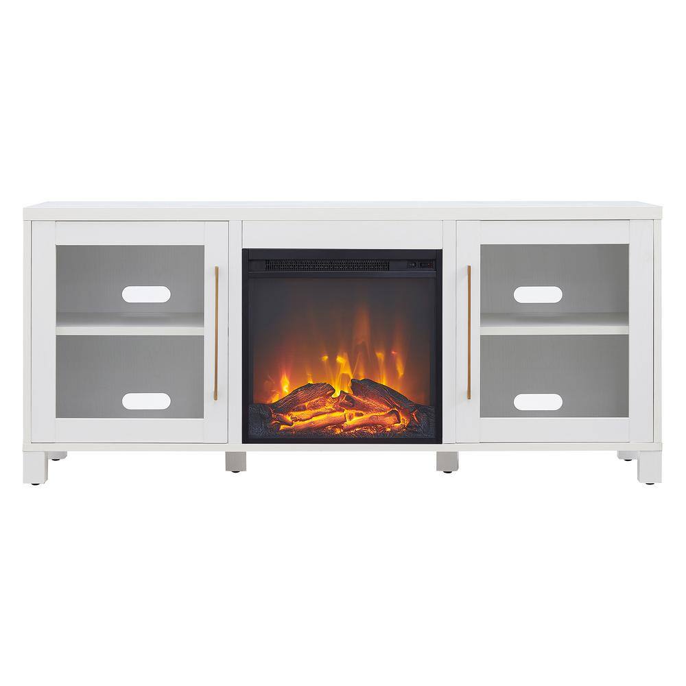 Elegant White 58" TV Stand with Integrated Fireplace and Storage Cabinets