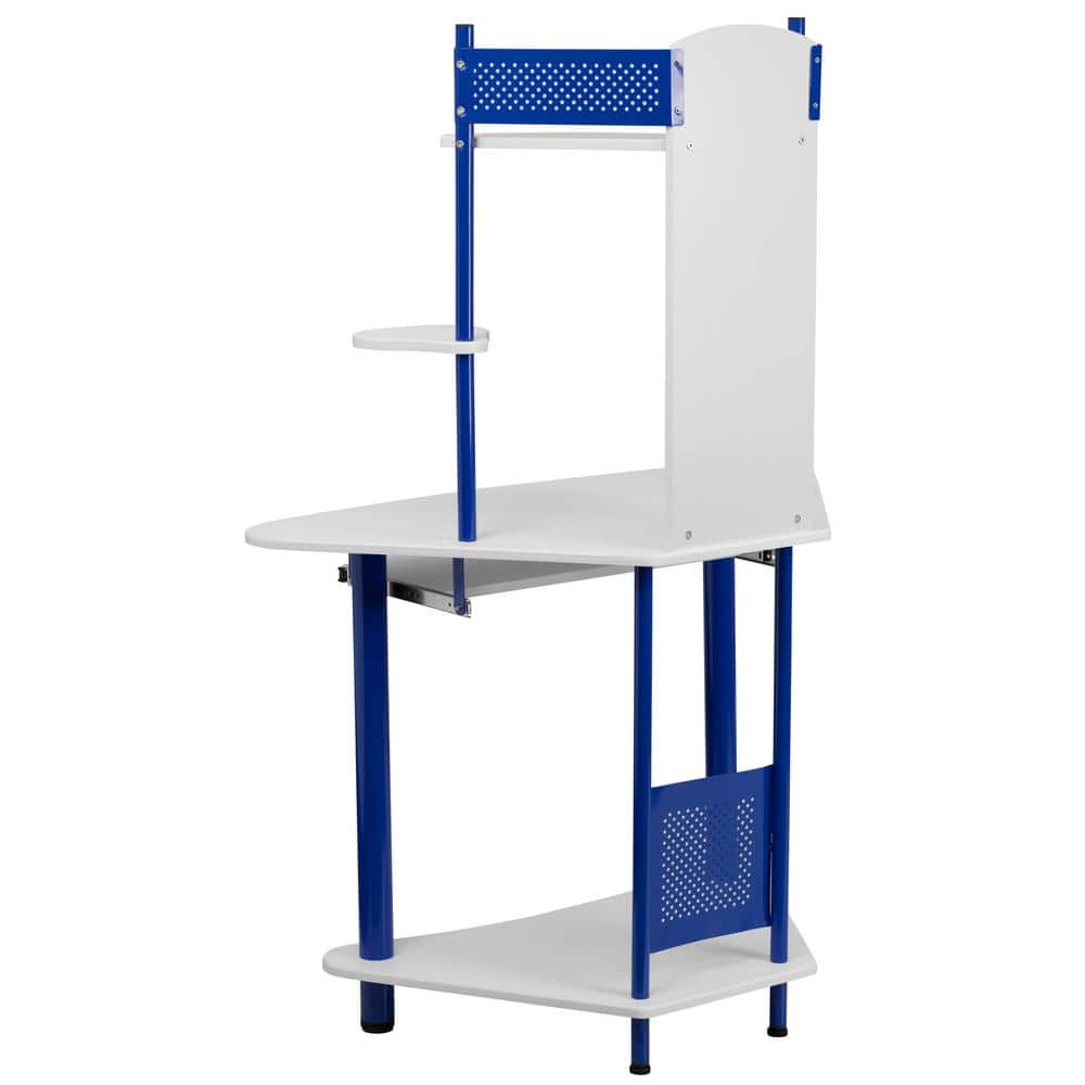 Compact Blue and White Corner Computer Desk with Integrated Hutch