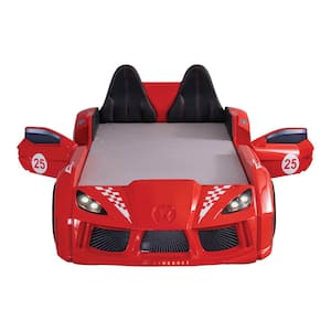 Copperstone Red Twin Kid's Race Car Bed with LED Lights
