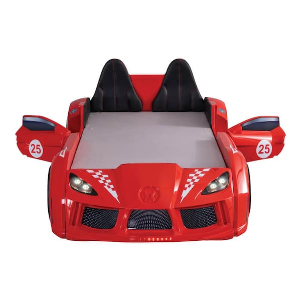 Furniture of America Copperstone Red Twin Kid's Race Car Bed with Sound and LED Lights