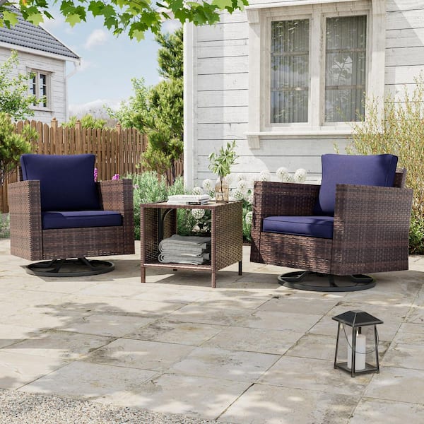 3-Piece Brown Wicker Patio Bistro Set Swivel Rocking Chairs for Outdoor Occasions of Lawn, Navy Blue