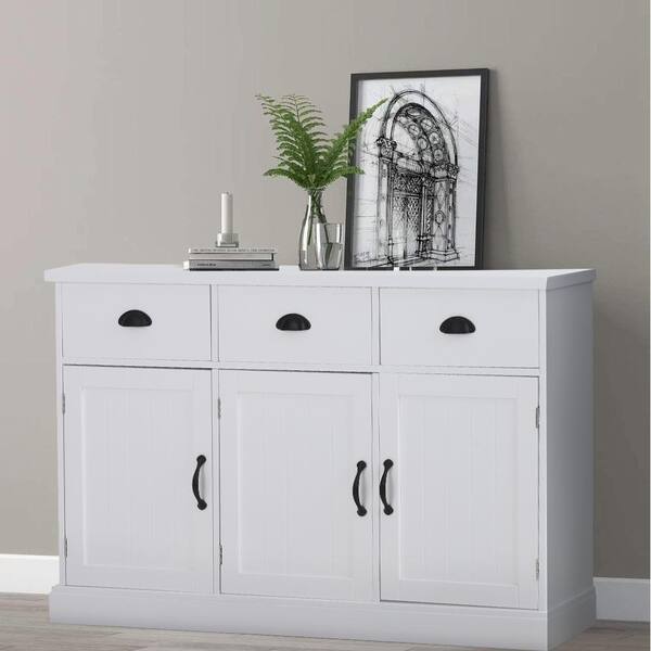 PHI VILLA Kitchen Sideboard Buffet Cabinet - Credenza Dining Room Console  Table with 3 Drawers and Doors, White Kitchen Cabinet with Storage