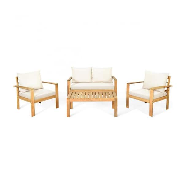 Tunearary 4-Pieces Patio Furniture Set Wood Outdoor Sectional Conversation Set with Beige Cushion