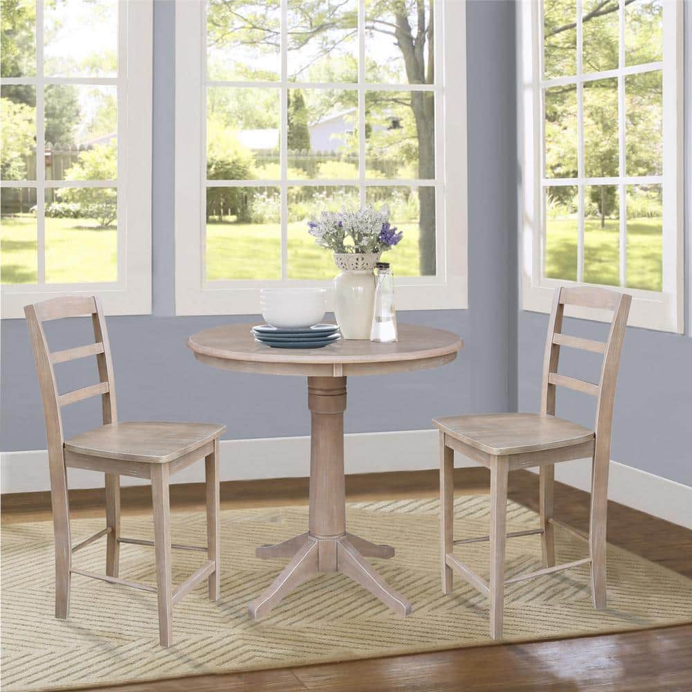 Washed Gray Taupe 36" Round Wood Pedestal Counter Table