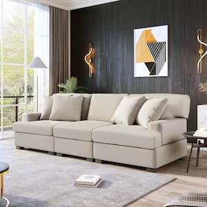 88.5 in. W Square Arm 3-Seats Linen Sofa with Removable Back, Seat Cushions and 4-Comfortable Pillows in Cream Beige