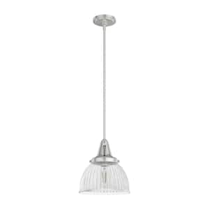 Cypress Grove 1 Light Brushed Nickel Island Pendent Light with Clear Holophane Glass Shade Dining Room Light