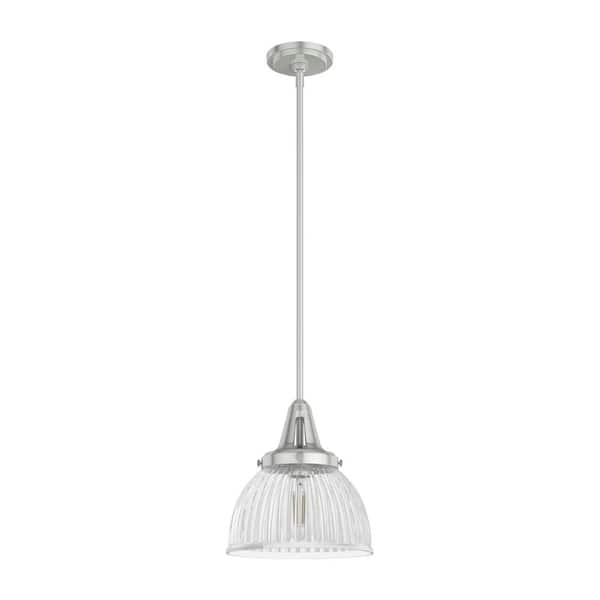 Cypress Grove 1 Light Brushed Nickel Island Pendent Light with Clear Holophane Glass Shade Dining Room Light