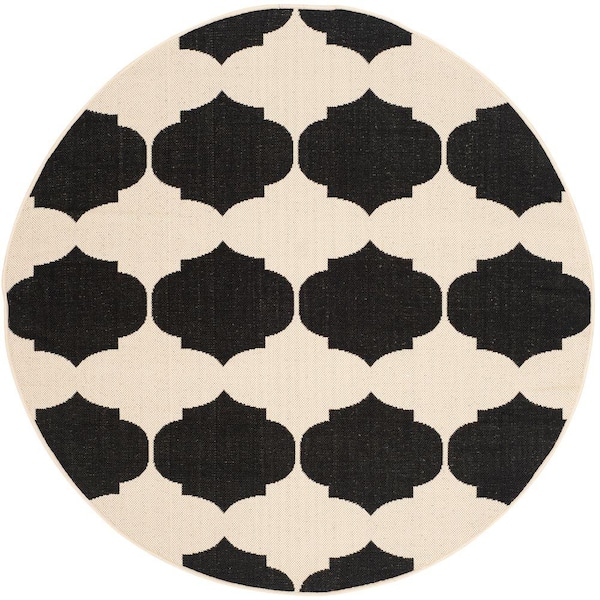 SAFAVIEH Courtyard Beige/Black 5 ft. x 5 ft. Round Geometric Indoor/Outdoor Patio  Area Rug