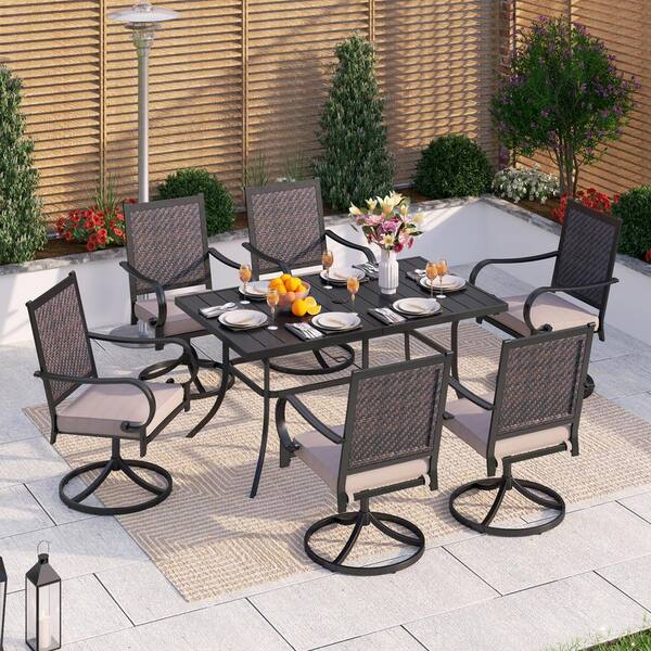 PHI VILLA 7-Piece Black Metal Patio Outdoor Dining Set with Rectangle Table and Rattan Swivel Chairs with Beige Cushion