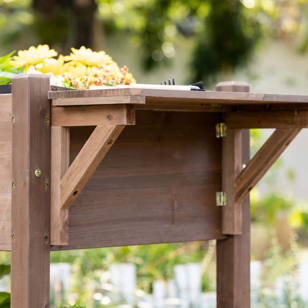 Brown Wooden Raised Garden Bed with Storage Shelf