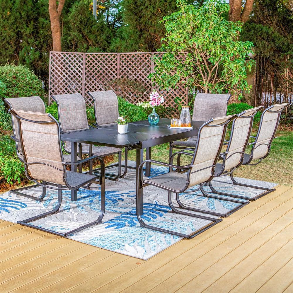 PHI VILLA Black 9-Piece Metal Outdoor Patio Dining Set with Geometric ...