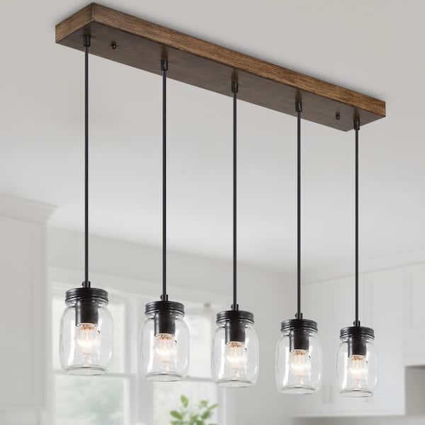 Industrial Kitchen Island Faux Wood Chandelier Farmhouse 5-Light Dining Room Black Chandelier with Mason Jar Shades