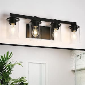 Minimalist 28 in. 4-Light Modern Black Vanity Light with Clear Glass Shades